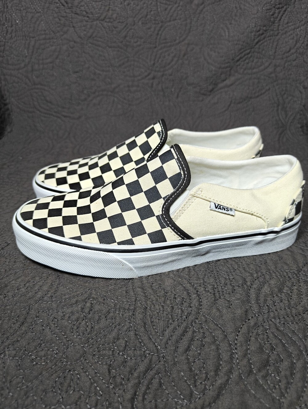 EUC VANS Asher Checkerboard Slip On Black Cream Loafers Sneakers Women's Size 8